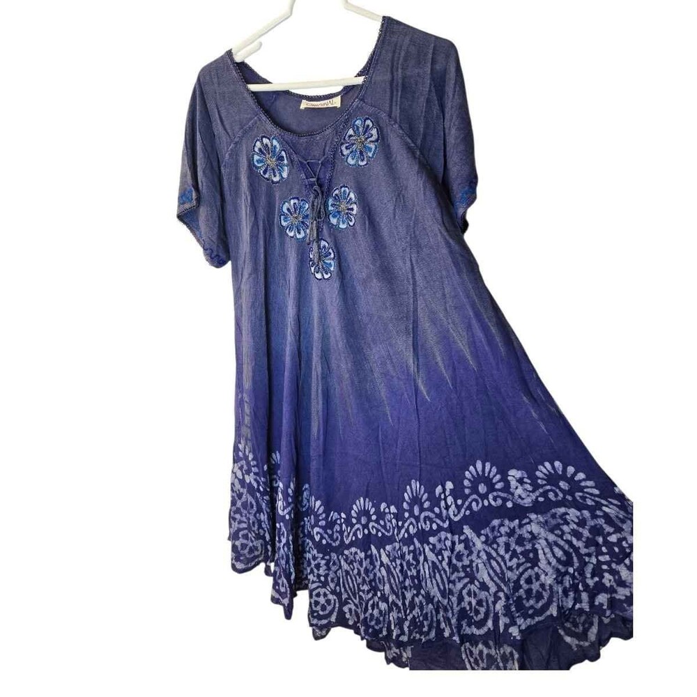 Purple Batik Embroidered Short Sleeve Boho Indian Dress One Size